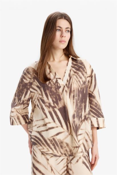 Oversize Shirt Collar Printed Long Sleeve Blouse