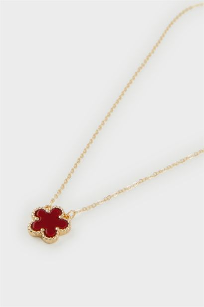 Woman Red Floral Gold Necklace