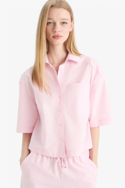 Oversize Fit Shirt Collar Poplin Short Sleeve Shirt