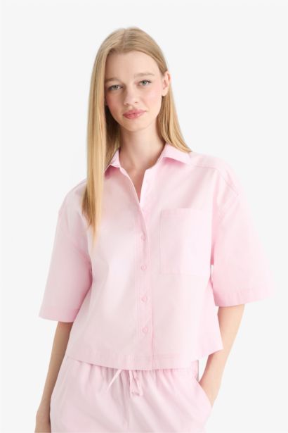 Oversize Fit Shirt Collar Poplin Short Sleeve Shirt