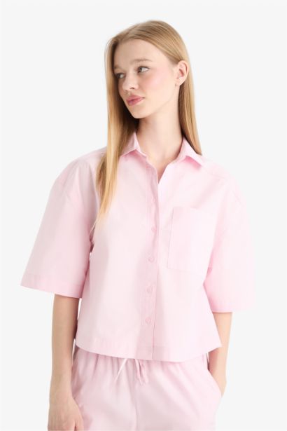 Oversize Fit Shirt Collar Poplin Short Sleeve Shirt