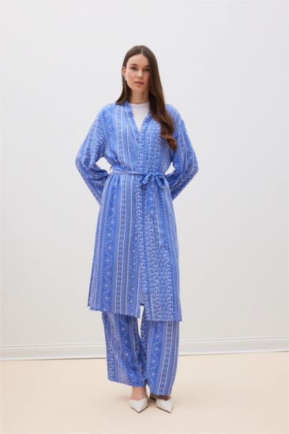 Relax Fit V Neck Ethnic Patterned Belted Long Kimono