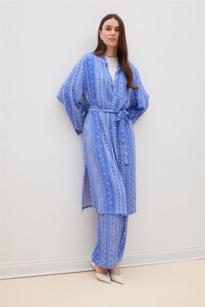 Relax Fit V Neck Ethnic Patterned Belted Long Kimono