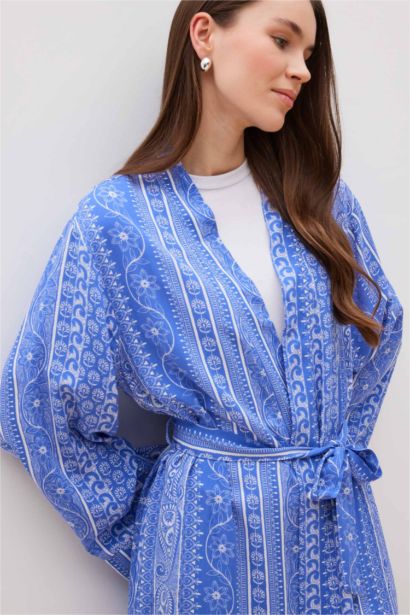 Relax Fit V Neck Ethnic Patterned Belted Long Kimono