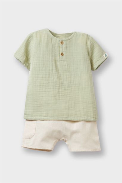 طقم بيبي اولادي شورت وتيشيرت موسلين قصة عادية - قطعتين
