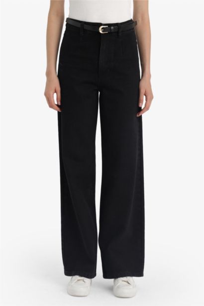 بنطلون جينز وايد ليج برجل واسع وخصر عالي أسود