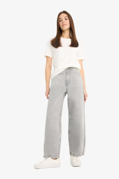 %100 Pamuk Barrel Fıt Yüksek Bel Jean Pantolon