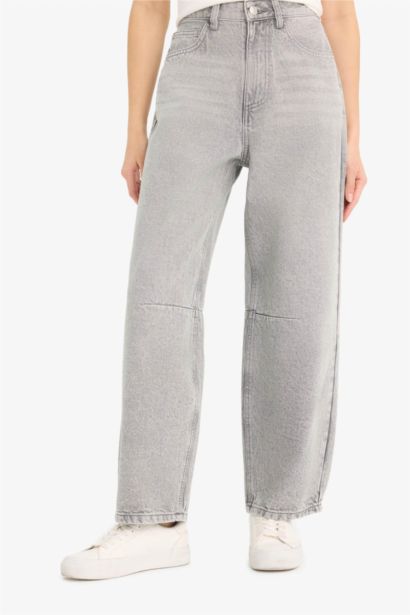 %100 Pamuk Barrel Fıt Yüksek Bel Jean Pantolon