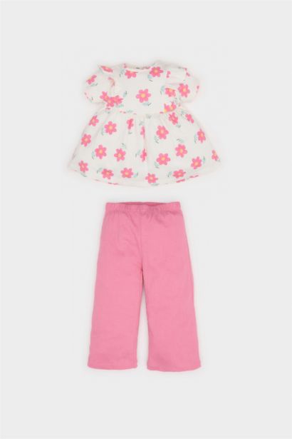 2'li Takım Çiçekli Kısa Kollu Bluz Beli Lastikli Pantolon Kız Bebek