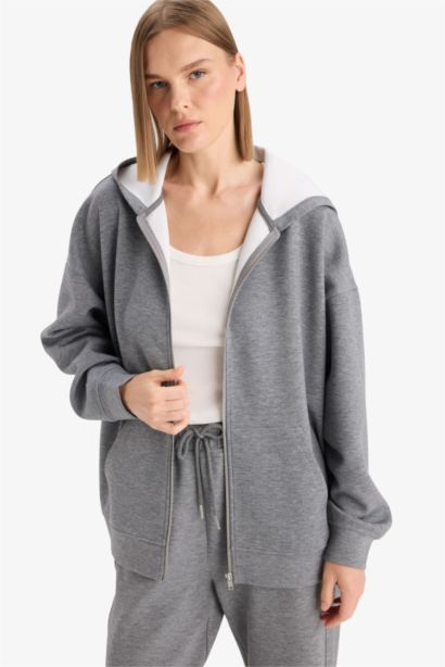 Oversize Fit Hooded Scuba Fabric Cardigan