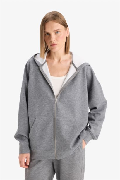 Oversize Fit Hooded Scuba Fabric Cardigan