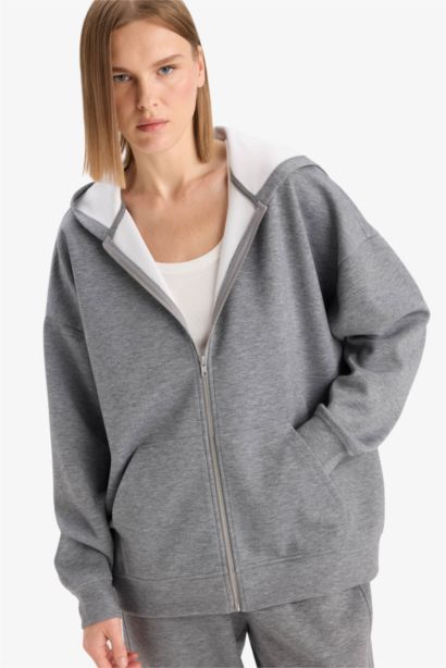 Oversize Fit Hooded Scuba Fabric Cardigan