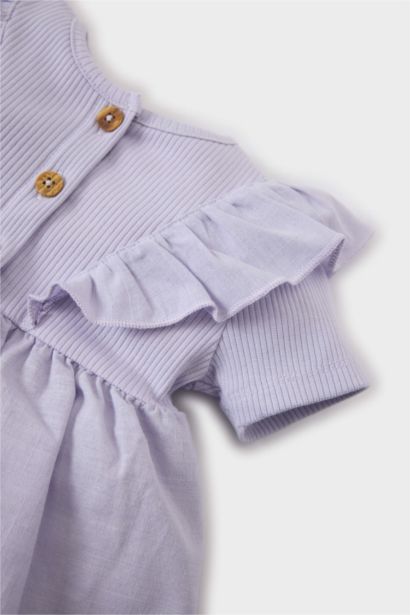 Robe côtelée à col rond et manches courtes pour bébé fille