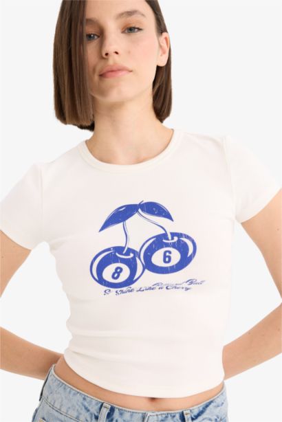 Fitted Crew Neck Printed Ribbed T-Shirt