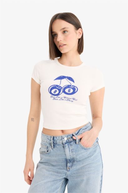 Fitted Crew Neck Printed Ribbed T-Shirt