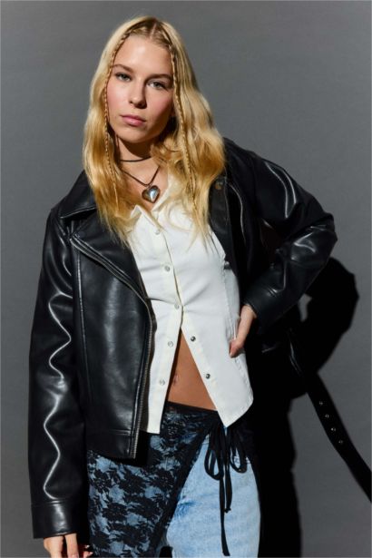 Regular Fit Zippered Faux Leather Jacket