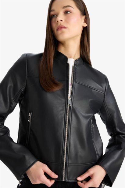 Regular Fit Suni Deri Fermuarlı Ceket Mont