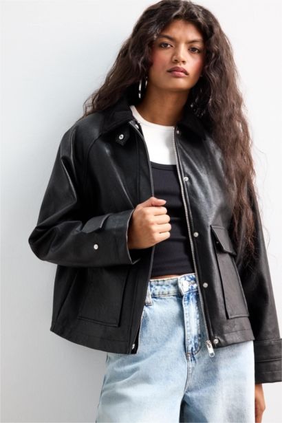 Regular Fit Polo Yaka Suni Deri Ceket Mont