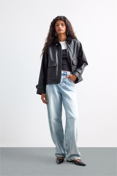 Regular Fit Polo Yaka Suni Deri Ceket Mont