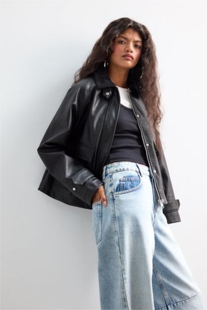 Regular Fit Polo Yaka Suni Deri Ceket Mont