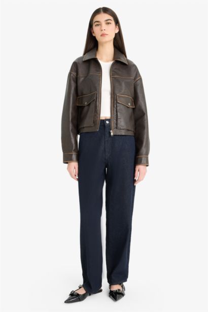 Куртка Relax Fit из искусственной кожи с воротником поло.