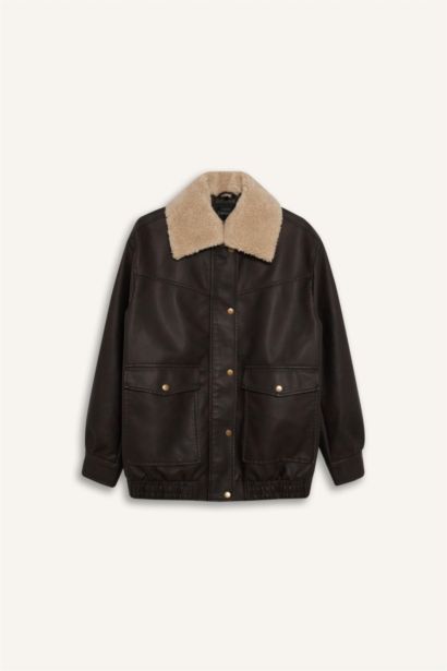 Çıkarılabilir Suni Kürk Yaka Dad Fıt Polo Yaka Tafta Suni Deri Mont