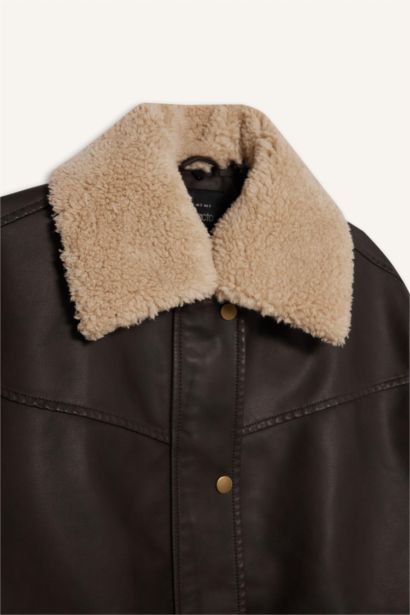 Çıkarılabilir Suni Kürk Yaka Dad Fıt Polo Yaka Tafta Suni Deri Mont