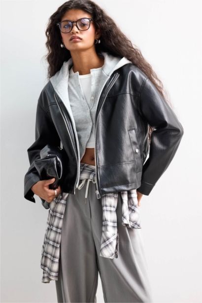 Relax Fit Detachable Hooded Zippered Faux Leather Jacket