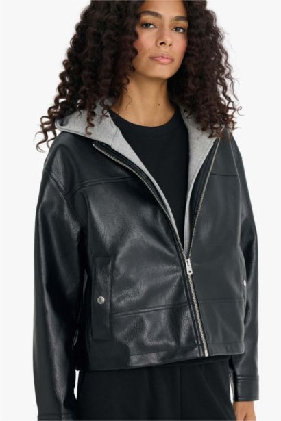 Relax Fit Detachable Hooded Zippered Faux Leather Jacket