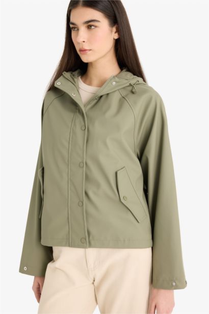 Regular Fit Hooded Faux Leather Rain Jacket