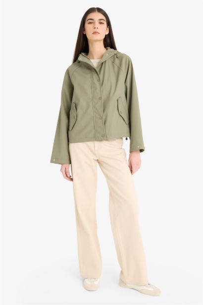 Regular Fit Hooded Faux Leather Rain Jacket