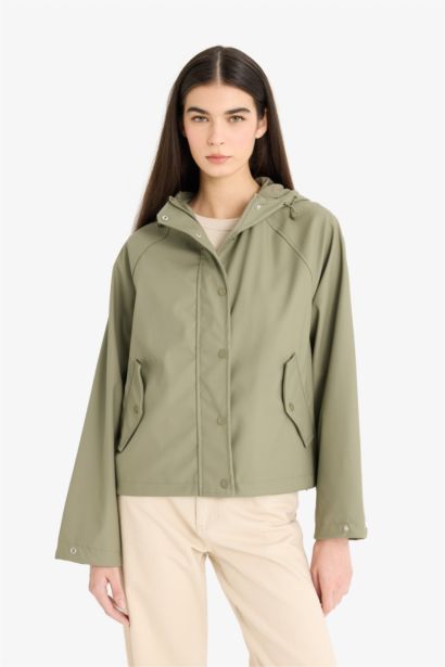 Regular Fit Hooded Faux Leather Rain Jacket