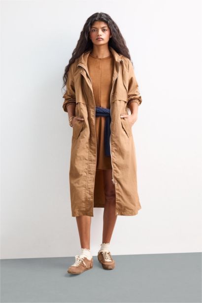 Regular Fit Hooded Zip-Up Long Raincoat