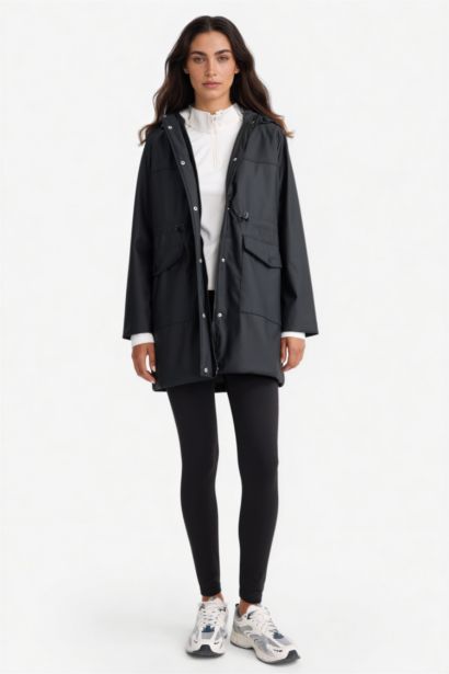 Su Geçirmez Kapüşonlu Suni Deri Yağmurluk