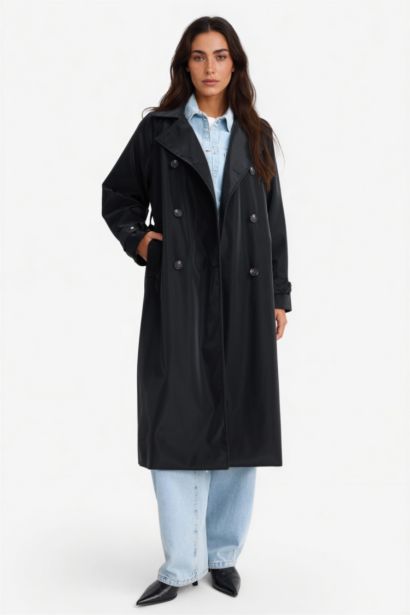 Regular Fit Belted Faux Leather Long Trench Coat