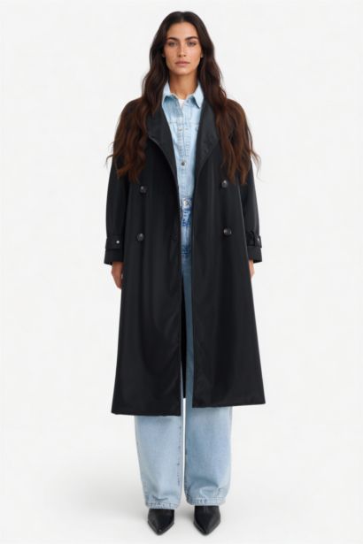 Regular Fit Belted Faux Leather Long Trench Coat