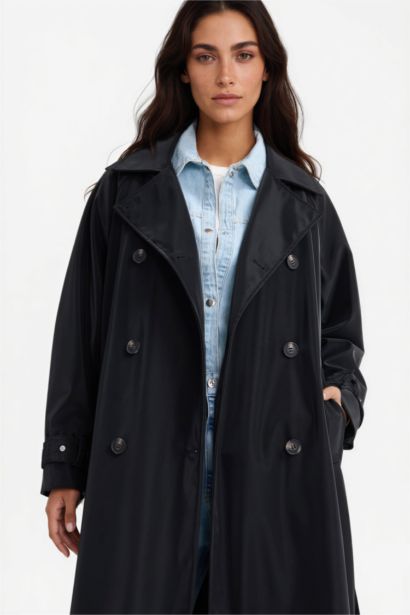 Regular Fit Belted Faux Leather Long Trench Coat