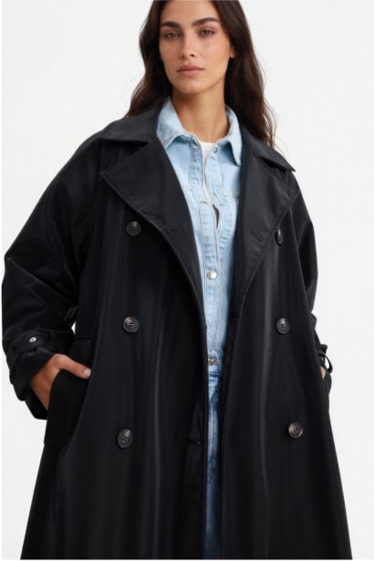 Regular Fit Belted Faux Leather Long Trench Coat