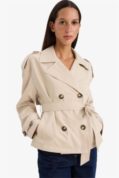 Regular Fit Pocketed Belted Short Trench Coat