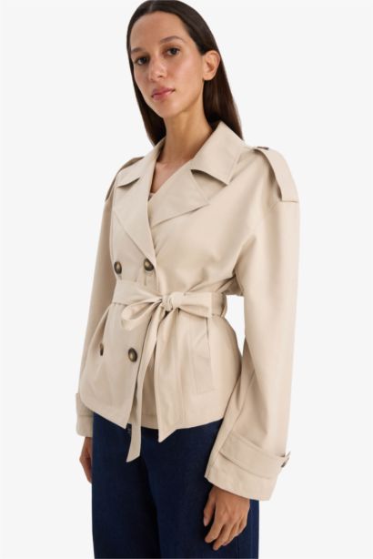 Regular Fit Pocketed Belted Short Trench Coat