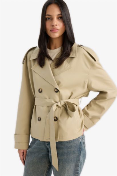 Regular Fit Cepli Kemerli Kısa Trençkot