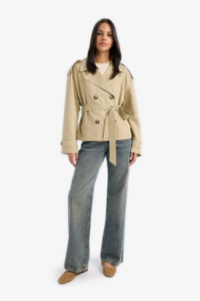 Regular Fit Cepli Kemerli Kısa Trençkot