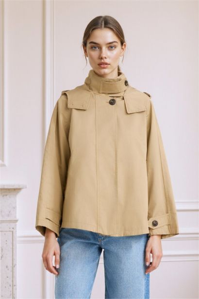 Regular Fit Hooded Zippered Trench Coat