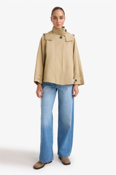 Regular Fit Hooded Zippered Trench Coat