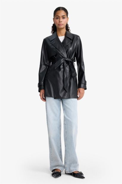 Regular Fit Faux Leather Trenchcoat