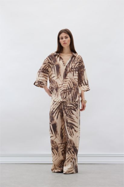 Wide Leg Desenli Modal Kumaş Palazzo Pantolon Yüksek Bel Düz Geniş Paça