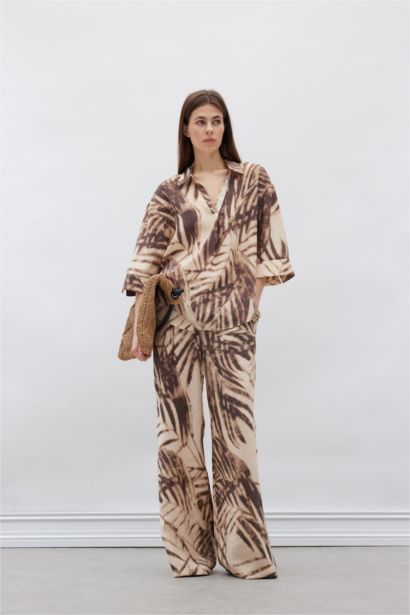 Wide Leg Desenli Modal Kumaş Palazzo Pantolon Yüksek Bel Düz Geniş Paça
