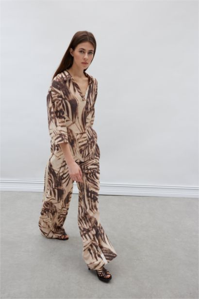 Wide Leg Desenli Modal Kumaş Palazzo Pantolon Yüksek Bel Düz Geniş Paça