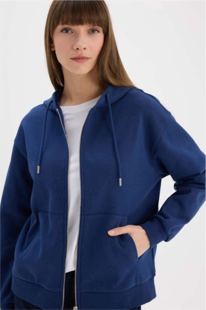 Relax Fit Kapüşonlu Basic Düz Kalın Fermuarlı Sweatshirt