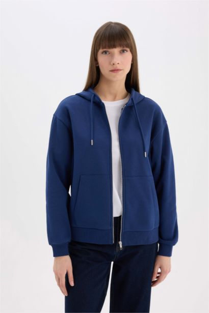 Relax Fit Kapüşonlu Basic Düz Kalın Fermuarlı Sweatshirt